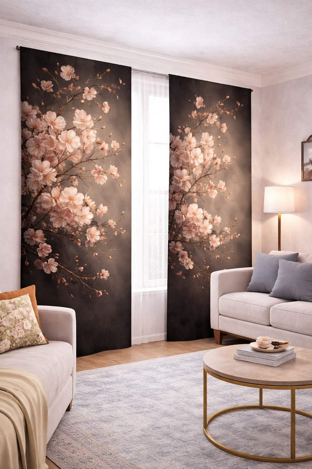 Sakura Çiçek Desenli Baskılı Fon Perde Çift Kanat ikracelik.com