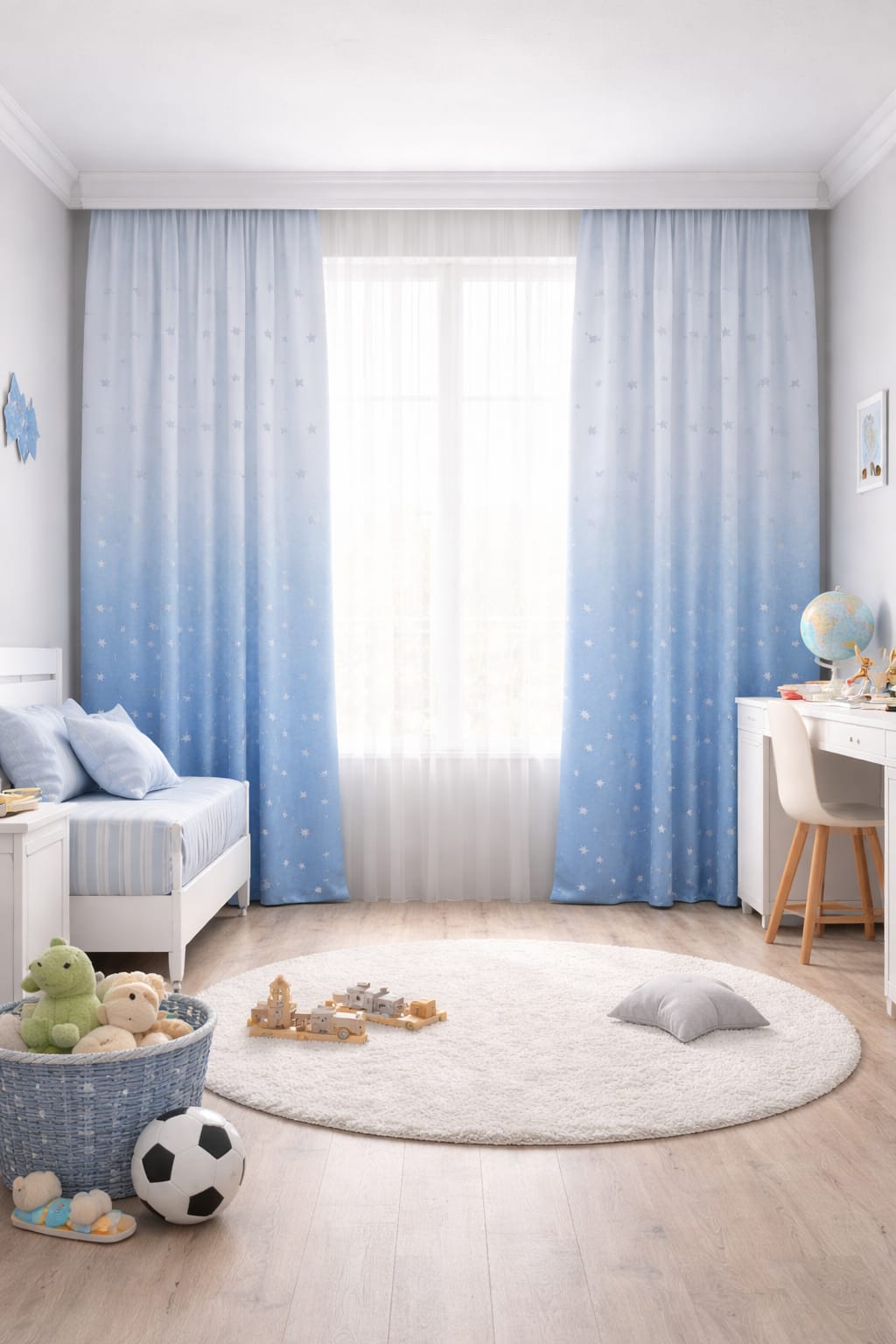 Yıldız desenli mavi çocuk odası fon perde çift kanat ikracelik.com