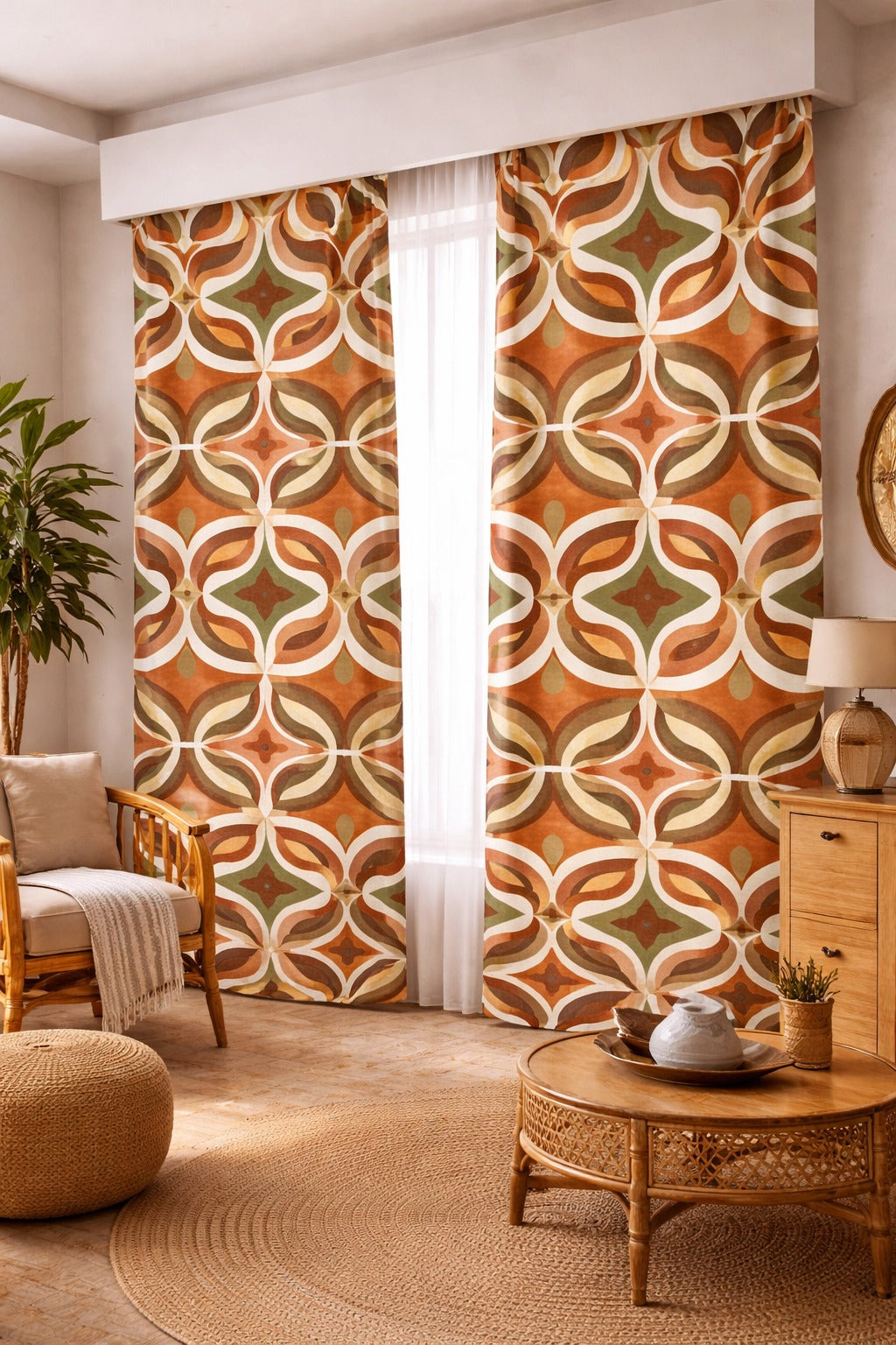 Retro Desenli Turuncu Geometrik Fon Perde Çift Kanat ikracelik.com
