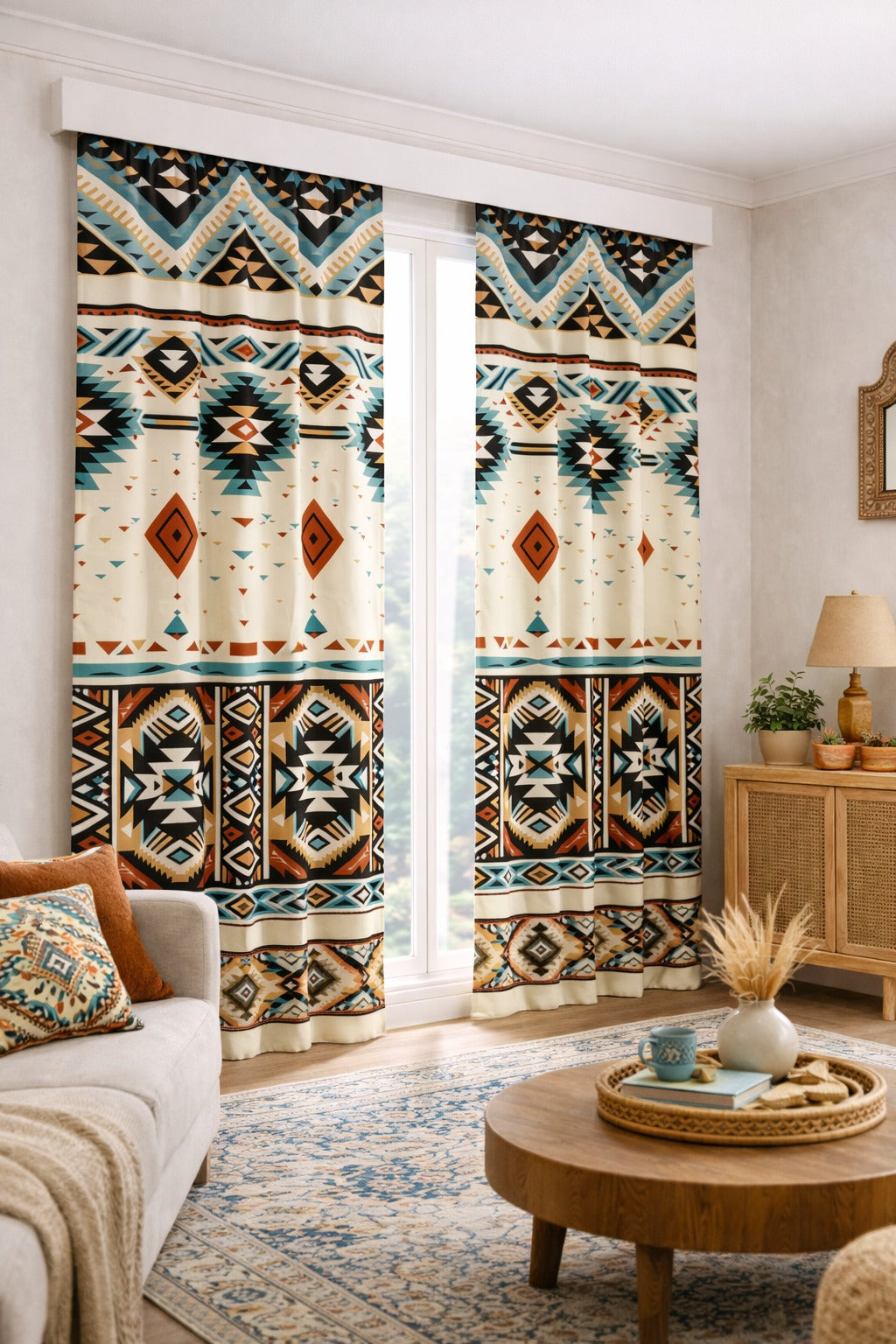 Etnik Desenli Geometrik Motifli Modern Fon Perde Çift Kanat ikracelik.com
