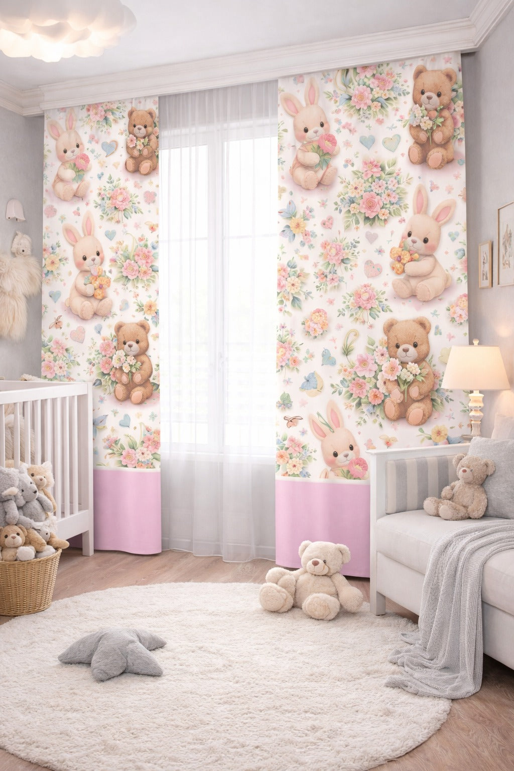 Pastel Gökkuşağı ve Taç Desenli Çocuk Odası Fon Perde Çift Kanat ikracelik.com