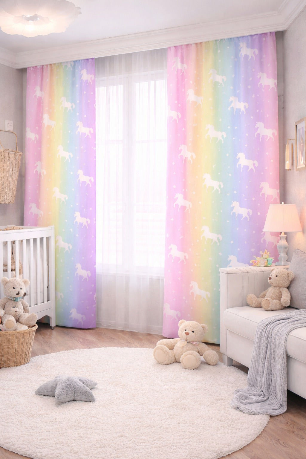 Pastel Gökkuşağı Unicorn Desenli Çocuk Odası Fon Perde Çift Kanat ikracelik.com